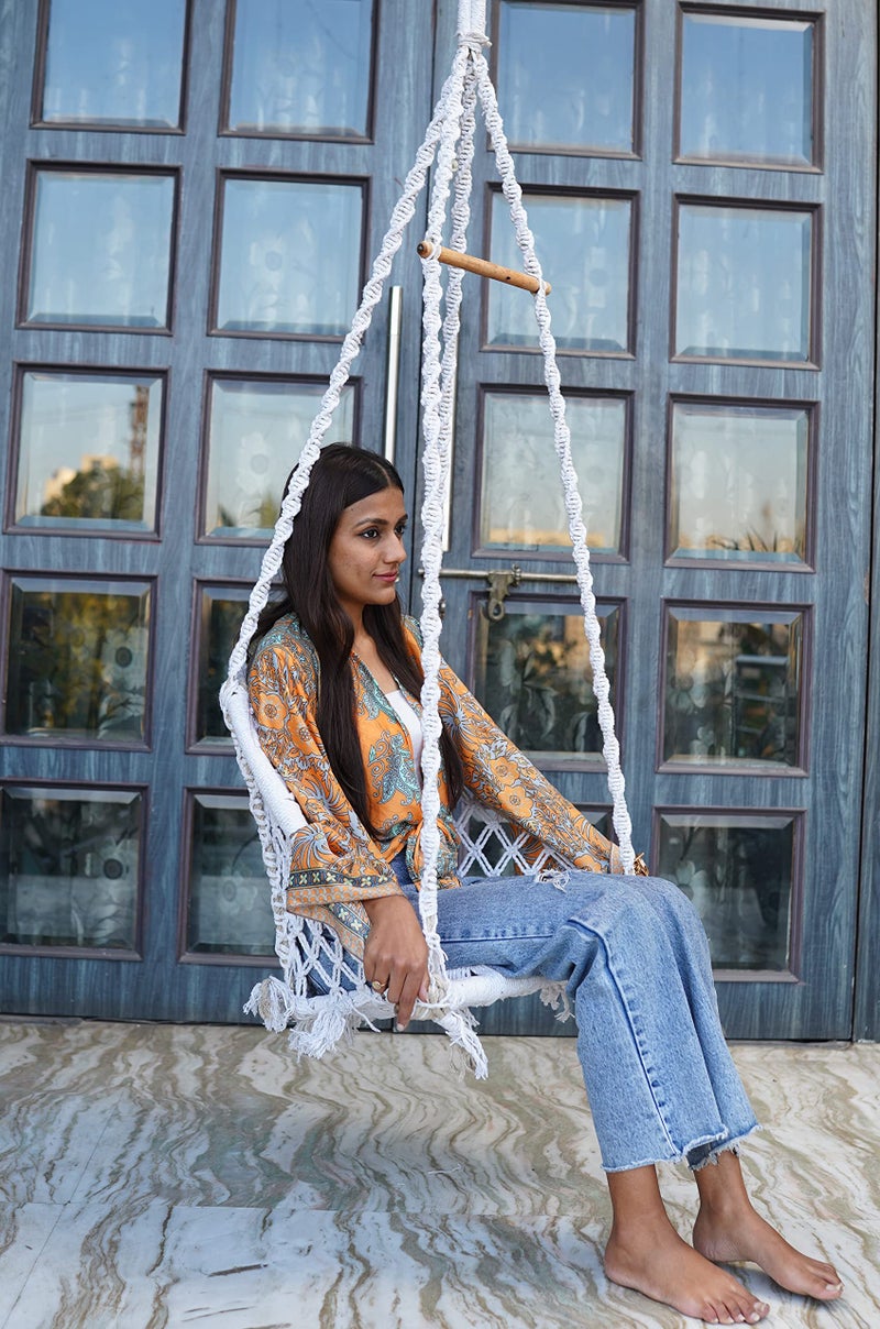 Patiofy Swing For Adults/Jhula For Adults/Wooden Swing For Living Room/Swing For Balcony/Swing Chair/Swing For Adults For Home/Large Cotton D Shape Hammock Hanging Swing With Wooden Bar(White),102 Cm - Image 2