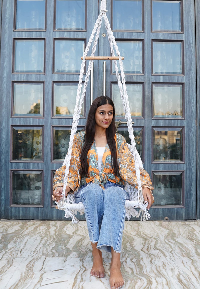 Patiofy Swing For Adults/Jhula For Adults/Wooden Swing For Living Room/Swing For Balcony/Swing Chair/Swing For Adults For Home/Large Cotton D Shape Hammock Hanging Swing With Wooden Bar(White),102 Cm - Image 1