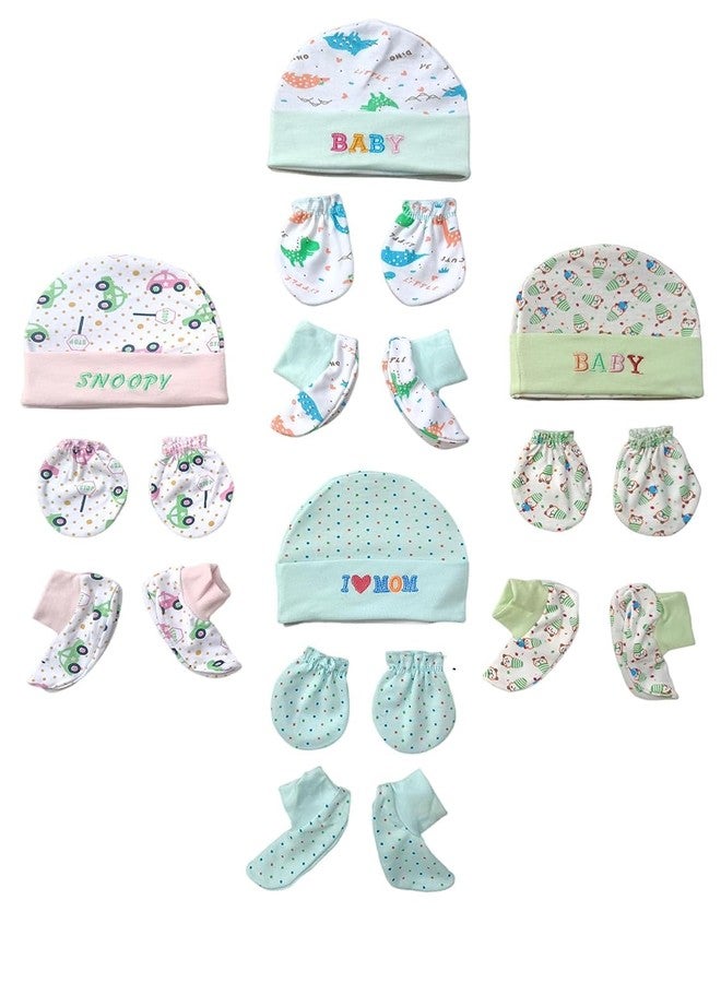 JUSTLIST New Born Baby Infant Soft Cotton Mitten Sets with Cap and Booties (Set of 4, Availability Colour May Vary and Print Designs) - Image 2