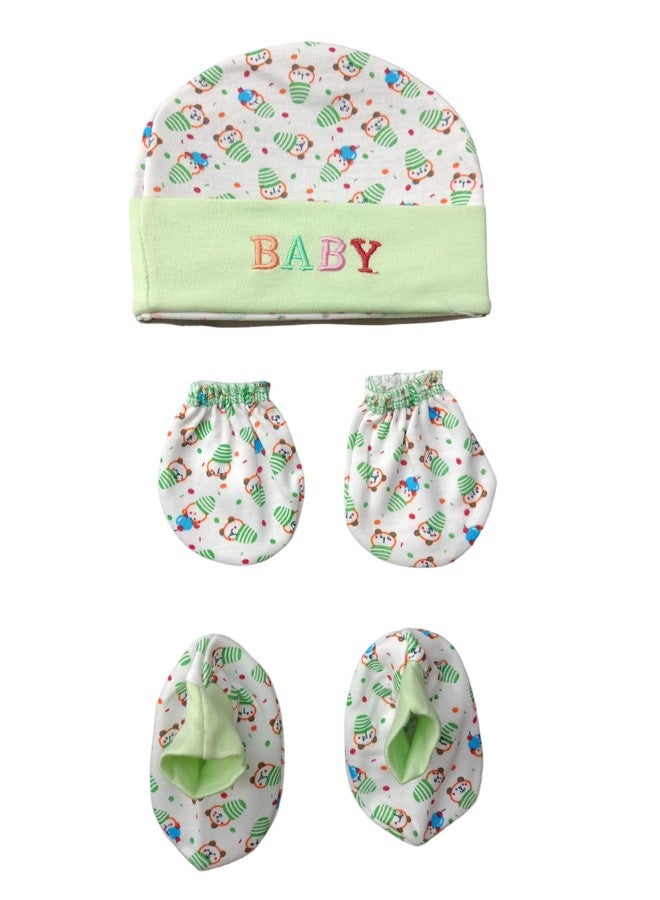 JUSTLIST New Born Baby Infant Soft Cotton Mitten Sets with Cap and Booties (Set of 4, Availability Colour May Vary and Print Designs) - Image 4