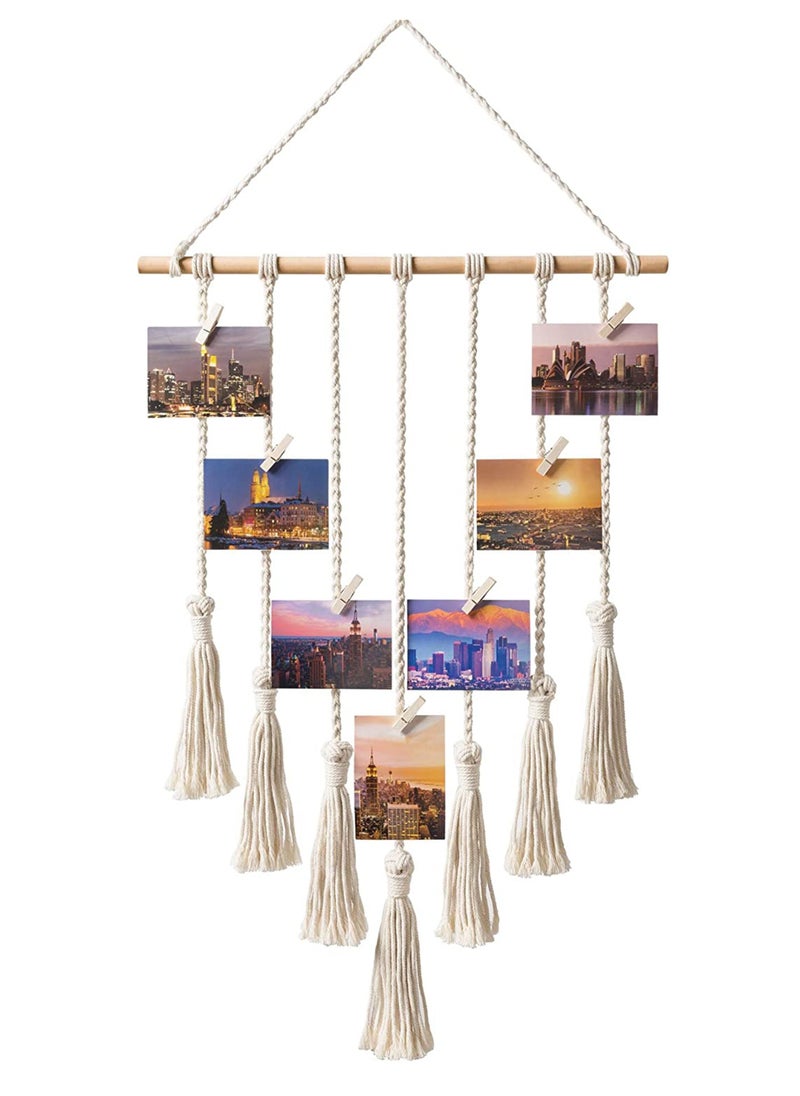 Excefore Macrame Wall Hanging Photo Card Display With Wood Clips Hanging Pictures Organizer Bohemian Handmade Woven Tapestry Home Decor, 27"L x 17''W  - Image 1
