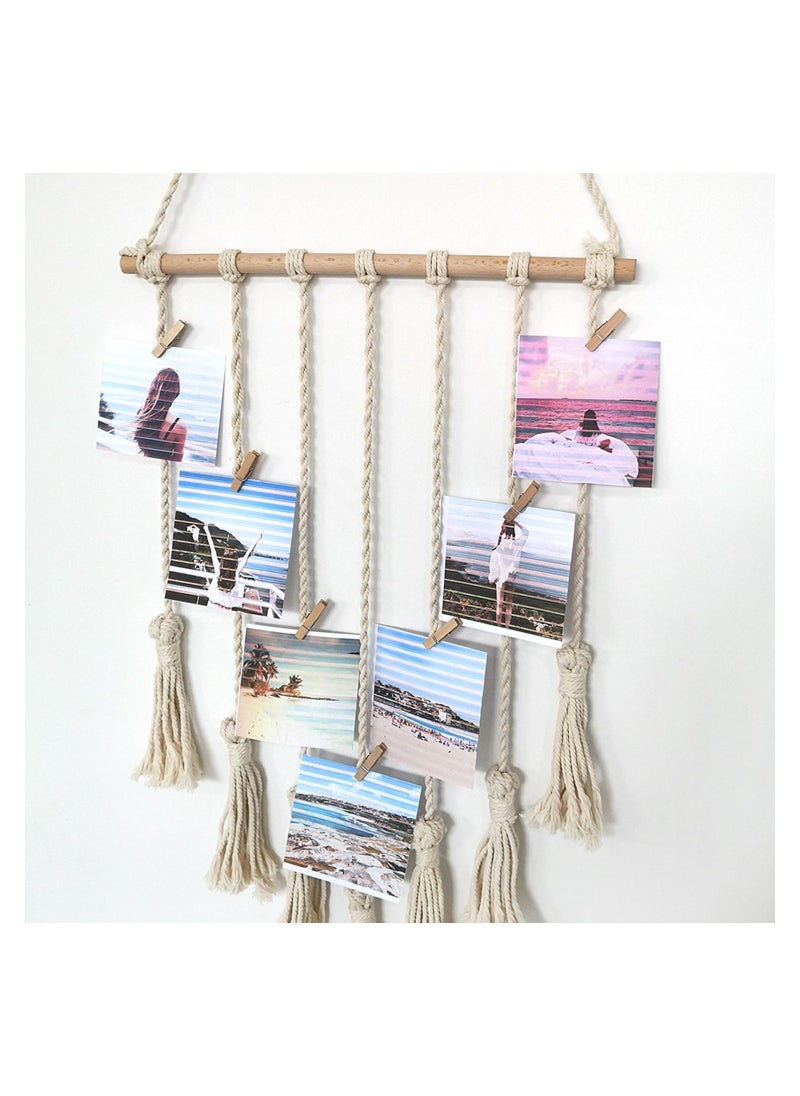 Excefore Macrame Wall Hanging Photo Card Display With Wood Clips Hanging Pictures Organizer Bohemian Handmade Woven Tapestry Home Decor, 27"L x 17''W  - Image 4