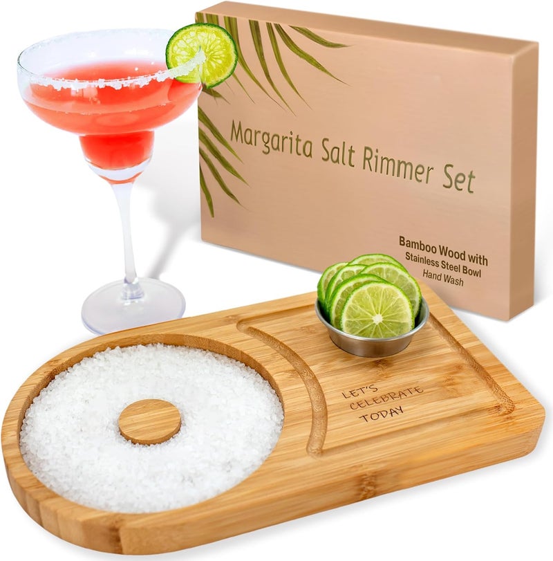 Sunnij's Kitchen Essentials Margarita Salt Rimmer Set for up to 6" Rims - Bamboo 'Let's Celebrate Today' Wood Margarita Rimmer Set w/Bowl & Room for Margarita Accessories- Margarita Sugar Rimmer for Cocktails - Image 1