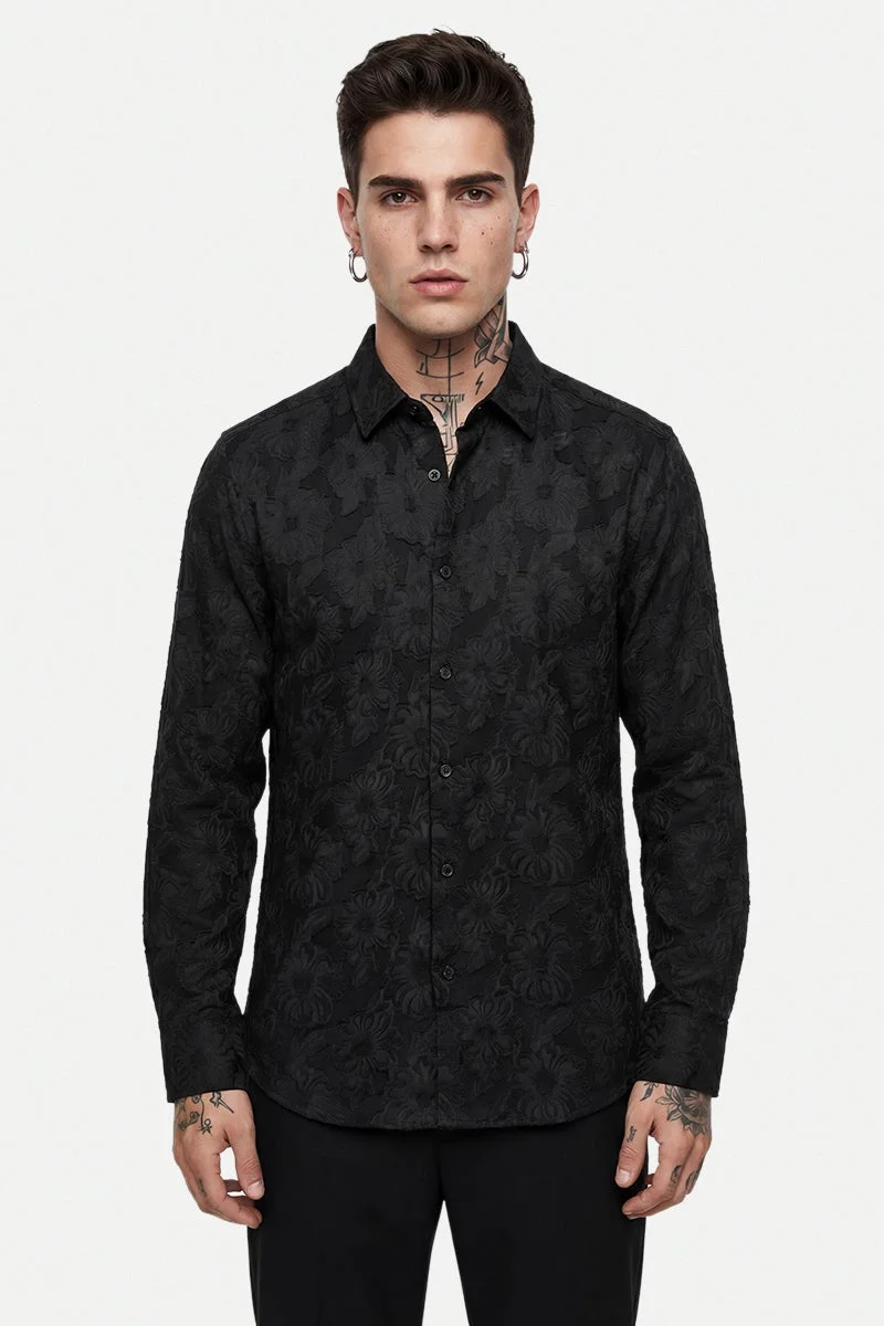 SNITCH Black Floral Long Sleeve Slim Fit Shirt