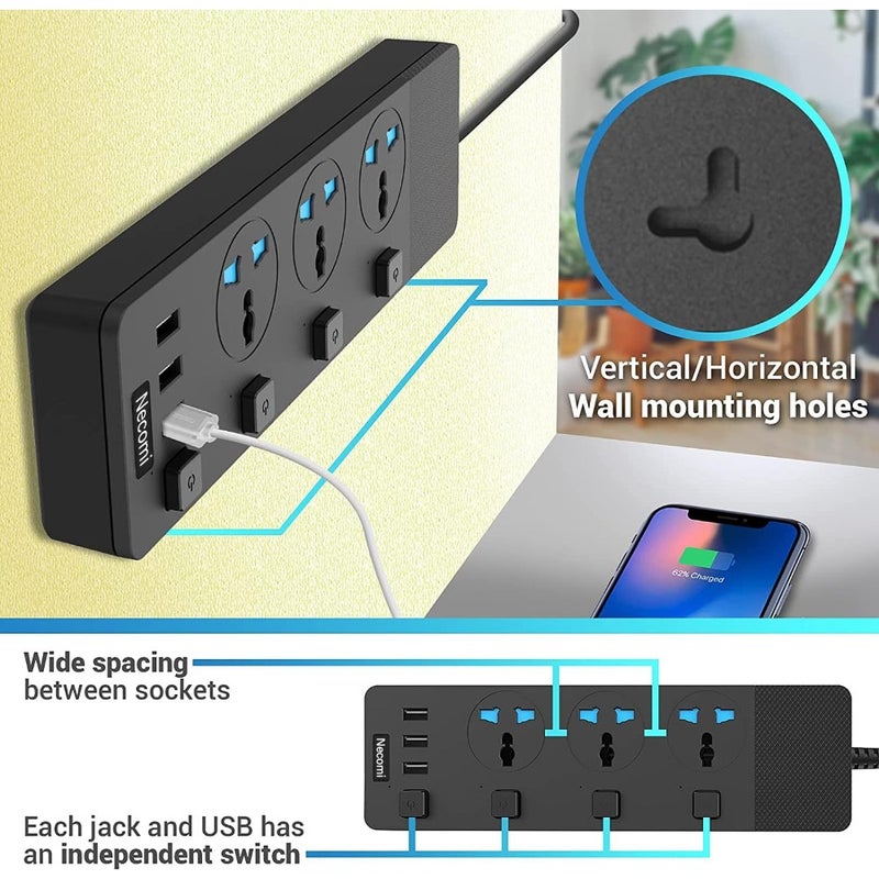 Extension Lead with 3 USB Slots 5 Meter Cable Cord Power Strip, 3 Way Universal Socket Smart Charging Station Hub, Individually Switched, Surge Protected, and Wall Mount UK Plug - Image 4