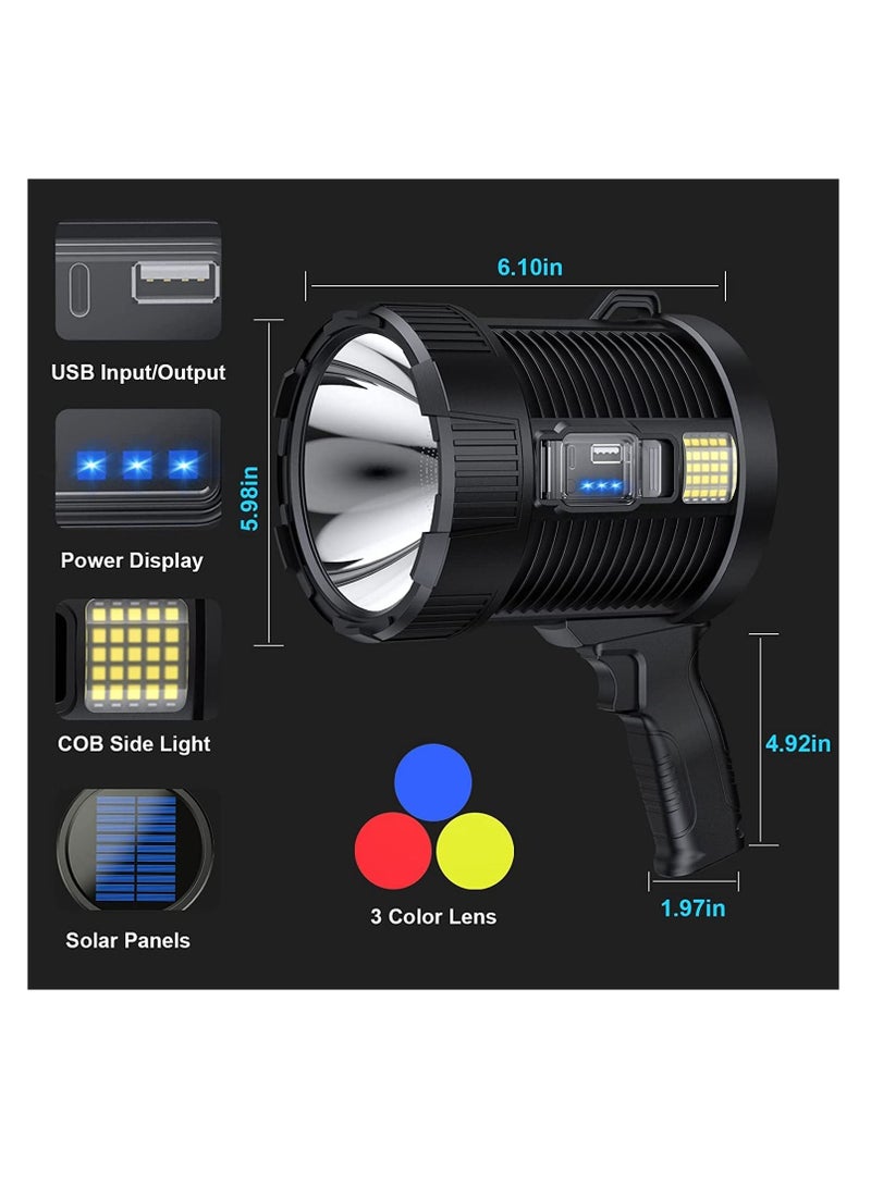 Excefore Rechargeable Spotlight, 100000 Lumens Led Spot Lights Handheld Large Flashlight Super Bright Outdoor Solar Spotlights Searchlight with Cob Light, 6 Modes, IPX5 Waterproof (Black) - Image 3