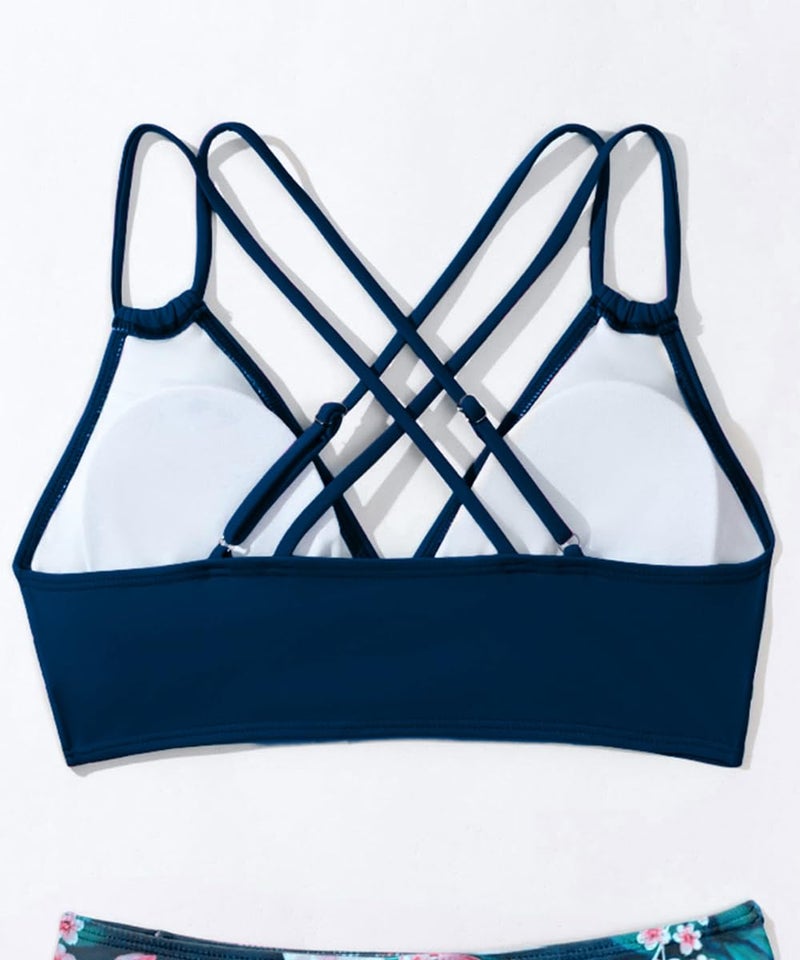 Tainehs Women's Push Up V Neck Bikini Tops Criss Cross Back Padded Bathing Suit Top Only Deep Blue - Image 4