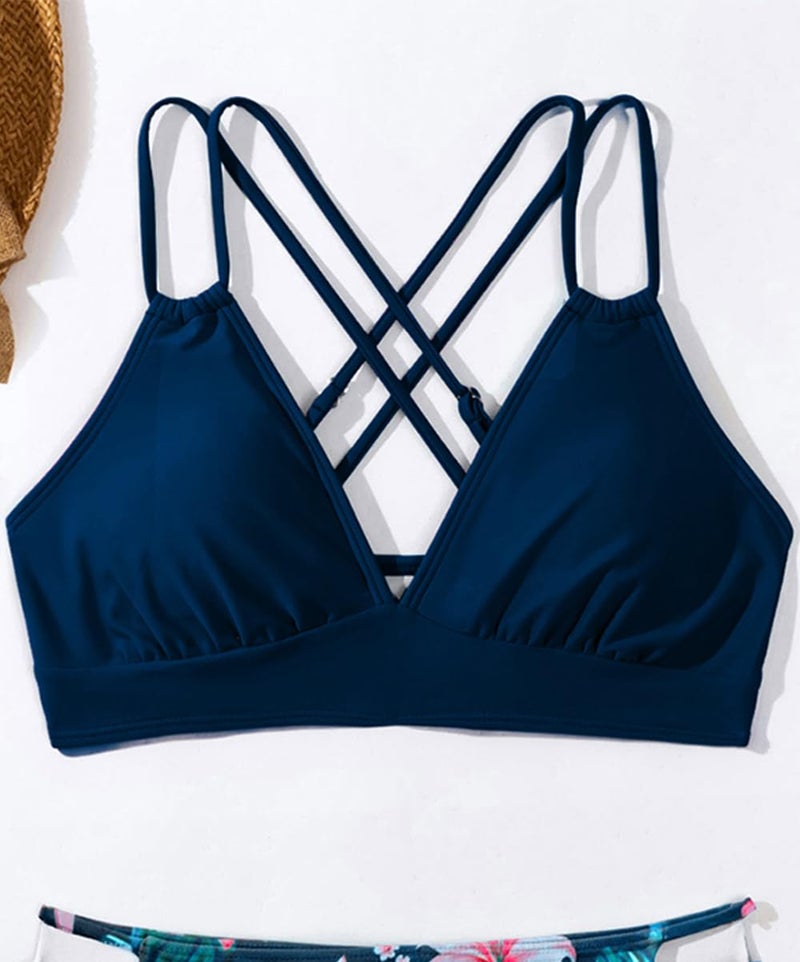 Tainehs Women's Push Up V Neck Bikini Tops Criss Cross Back Padded Bathing Suit Top Only Deep Blue - Image 3