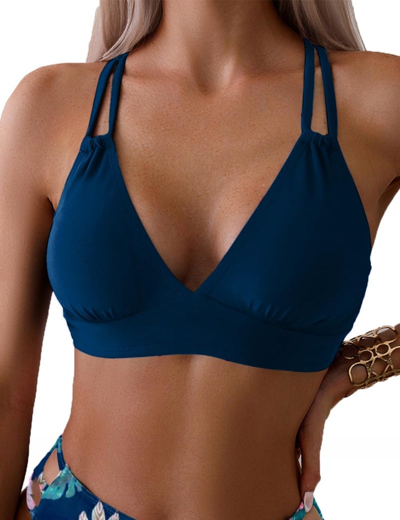 Tainehs Women's Push Up V Neck Bikini Tops Criss Cross Back Padded Bathing Suit Top Only Deep Blue - Image 1