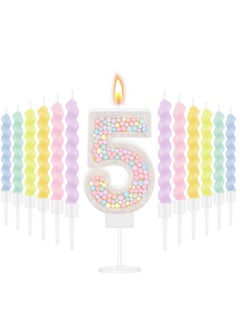 Mtlee MTLEE Number 5 Birthday Candle Macaron Pastel Glitter 3D Number Candle with 12 Pcs Rainbow Spiral Candles in Holders for Girl Boy Cake Topper Wedding Anniversary Sweet Theme Party Decoration  - Image 1