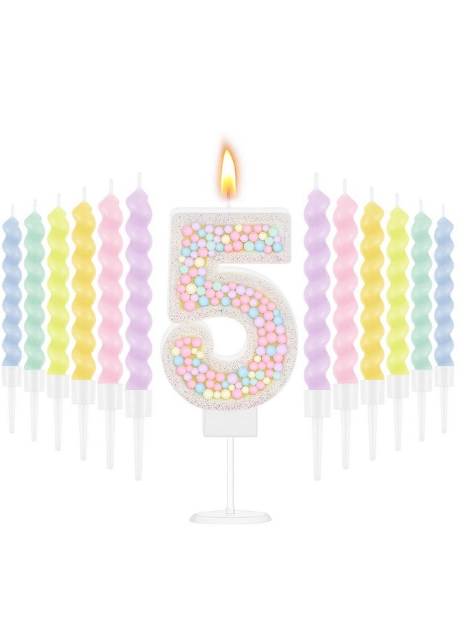 MTLEE Number 5 Birthday Candle Macaron Pastel Glitter 3D Number Candle with 12 Pcs Rainbow Spiral Candles in Holders for Girl Boy Cake Topper Wedding Anniversary Sweet Theme Party Decoration - Image 1