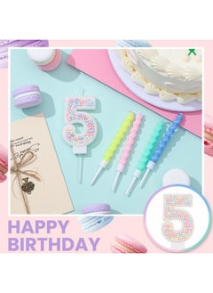Mtlee MTLEE Number 5 Birthday Candle Macaron Pastel Glitter 3D Number Candle with 12 Pcs Rainbow Spiral Candles in Holders for Girl Boy Cake Topper Wedding Anniversary Sweet Theme Party Decoration  - Image 4
