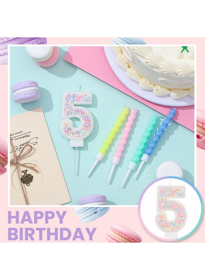 MTLEE Number 5 Birthday Candle Macaron Pastel Glitter 3D Number Candle with 12 Pcs Rainbow Spiral Candles in Holders for Girl Boy Cake Topper Wedding Anniversary Sweet Theme Party Decoration - Image 4