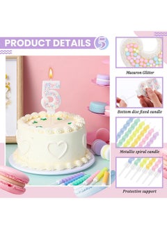 Mtlee MTLEE Number 5 Birthday Candle Macaron Pastel Glitter 3D Number Candle with 12 Pcs Rainbow Spiral Candles in Holders for Girl Boy Cake Topper Wedding Anniversary Sweet Theme Party Decoration  - Image 3