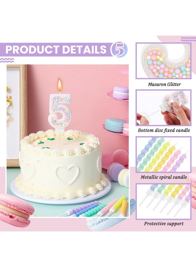 MTLEE Number 5 Birthday Candle Macaron Pastel Glitter 3D Number Candle with 12 Pcs Rainbow Spiral Candles in Holders for Girl Boy Cake Topper Wedding Anniversary Sweet Theme Party Decoration - Image 3