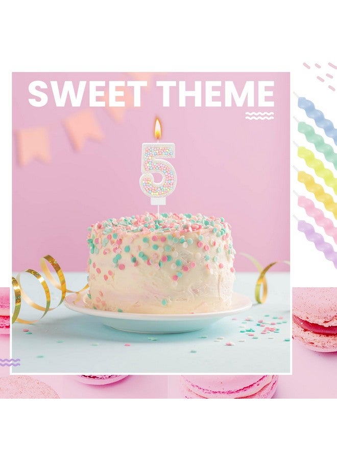MTLEE Number 5 Birthday Candle Macaron Pastel Glitter 3D Number Candle with 12 Pcs Rainbow Spiral Candles in Holders for Girl Boy Cake Topper Wedding Anniversary Sweet Theme Party Decoration - Image 5