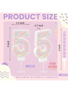 Mtlee MTLEE Number 5 Birthday Candle Macaron Pastel Glitter 3D Number Candle with 12 Pcs Rainbow Spiral Candles in Holders for Girl Boy Cake Topper Wedding Anniversary Sweet Theme Party Decoration  - Image 2