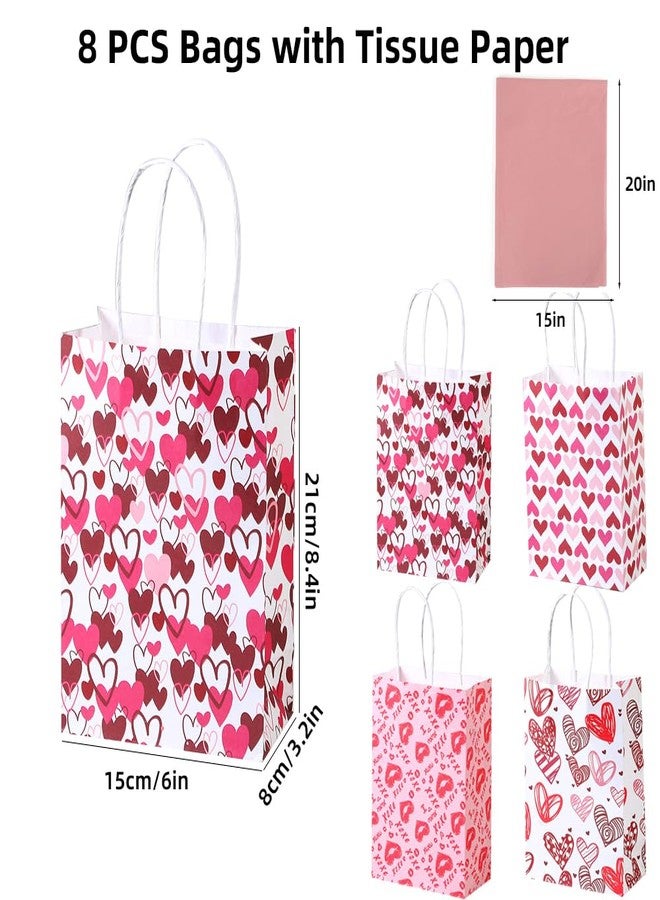Colodeol 8 PCS Small Valentines Gift Bags With Handle and Tissue,4 Designs Valentines Paper Bags,Valentines Goody Bags,Valentines Treat Bags for Valentines Presents Candies Cookie Snacks - Image 2