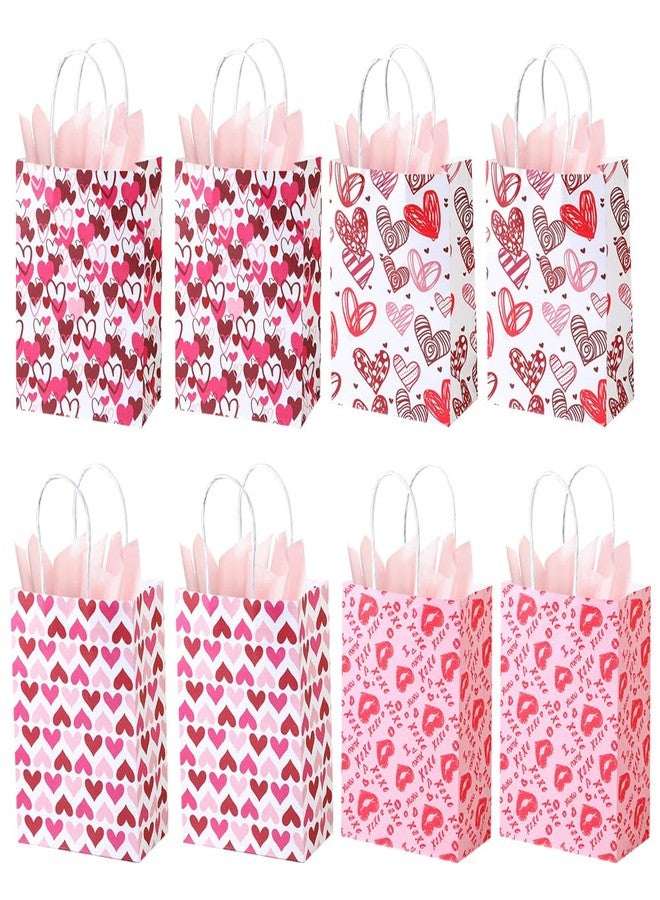 Colodeol 8 PCS Small Valentines Gift Bags With Handle and Tissue,4 Designs Valentines Paper Bags,Valentines Goody Bags,Valentines Treat Bags for Valentines Presents Candies Cookie Snacks - Image 1