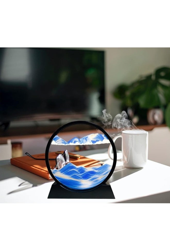 Moving Sand Art Board, 3D Hourglass, Deep Sea Sand Scenery, Moving Sand Art Board, Circular Sand Frame, 3D Colorful Sand Decor, Comfortable Desktop for Home Office (7 Inch, Blue)