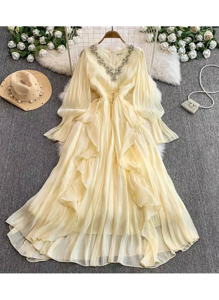 KUYING New Fashion Heavy Industry Embroidered Beads and Diamonds V-neck Waist Collection Style Palace Style Dress 