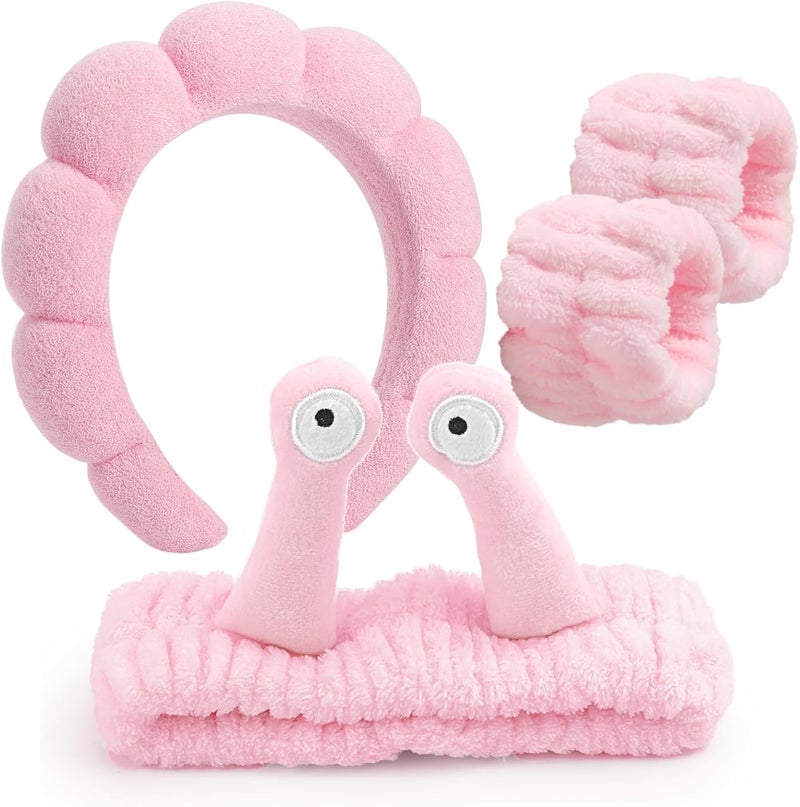 DRESHOW Spa Headband for Washing Face Wristband Snail Hair Bands Elastic Makeup Head Band Cartoon Set Sponge Soft Terry Cloth Makeup Skincare Non Slip Headband for Women