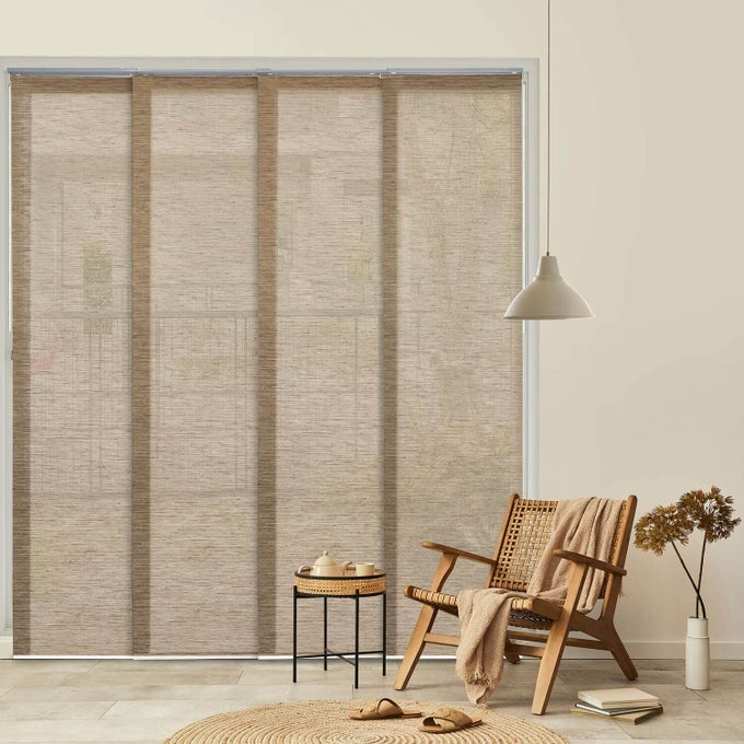 ADJUSTABLE PANEL TRACK BLINDS VERTICAL BLINDS PATIO DOOR BLINDS WINODWS BLIND EXTENDABLE TRACK FROM 458 TO 86 W TRIMMABLE PANEL CURTAINS UP TO 96 SEETHROUGH JUTE FABRIC YOGA