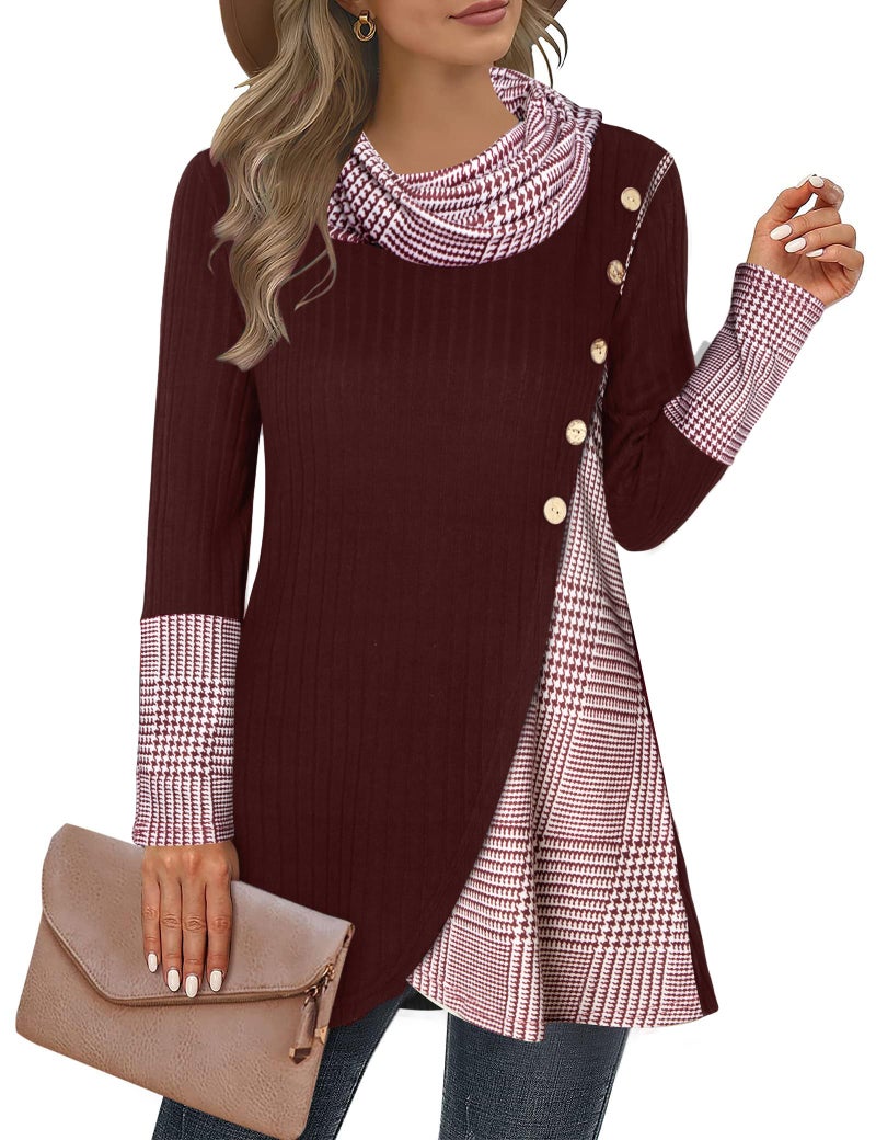 Miusey Cowl Neck Tunic Sweaters Fall Tunic Tops for Women 2025 Long Sleeve Christmas Sweatshirts Crimson Black Plaid L - Image 1