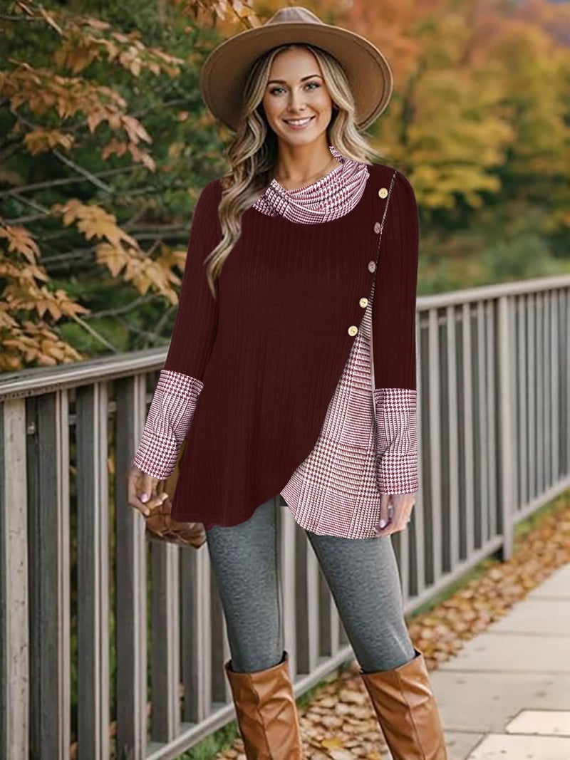 Miusey Cowl Neck Tunic Sweaters Fall Tunic Tops for Women 2025 Long Sleeve Christmas Sweatshirts Crimson Black Plaid L - Image 4