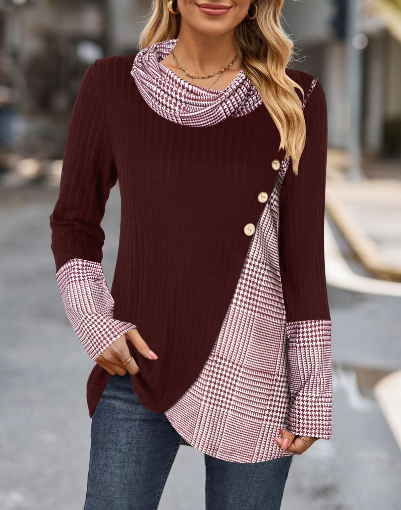 Miusey Cowl Neck Tunic Sweaters Fall Tunic Tops for Women 2025 Long Sleeve Christmas Sweatshirts Crimson Black Plaid L - Image 3