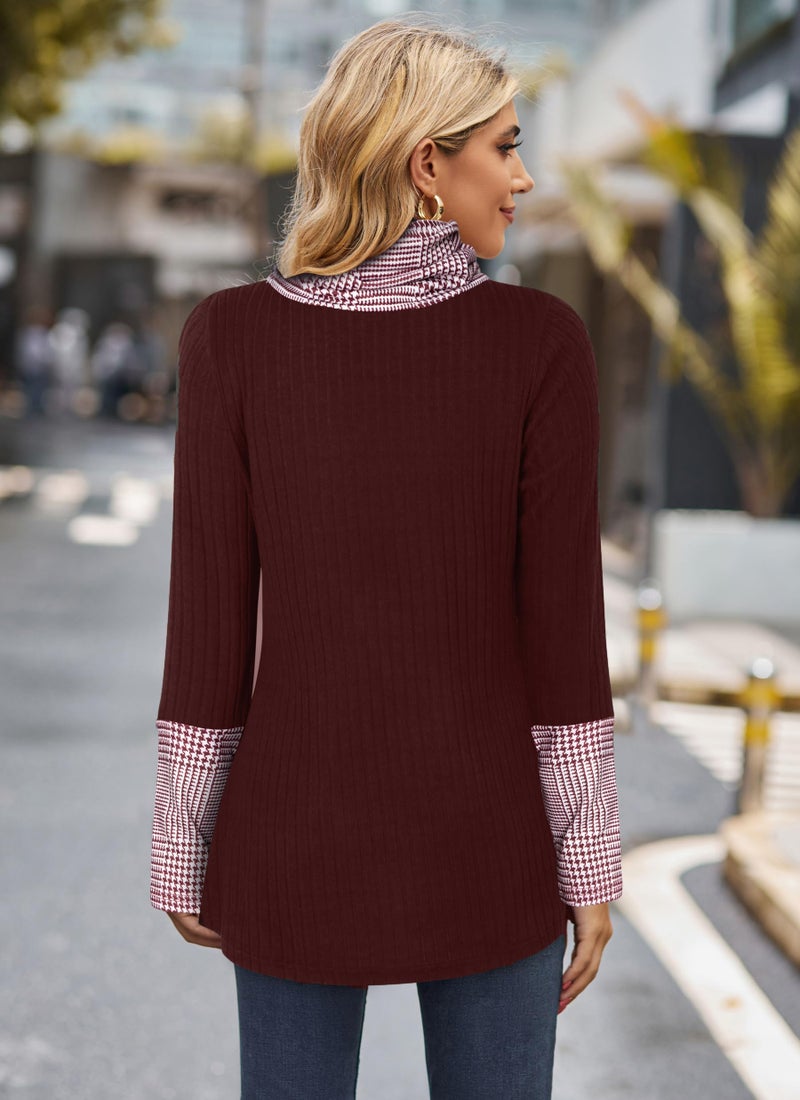 Miusey Cowl Neck Tunic Sweaters Fall Tunic Tops for Women 2025 Long Sleeve Christmas Sweatshirts Crimson Black Plaid L - Image 5