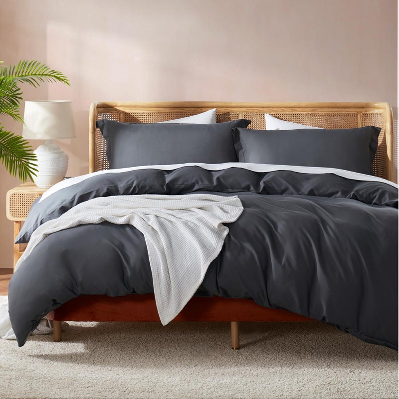 Nestl Nestl Dark Gray Cover Cover Cover Size - Soft Double Brited Cove Cover Cover Cover 3 قطعة مع إغلاق زر 1 غطاء لحاف 90 × 90 بوصة و 2 وسادة  - Image 1