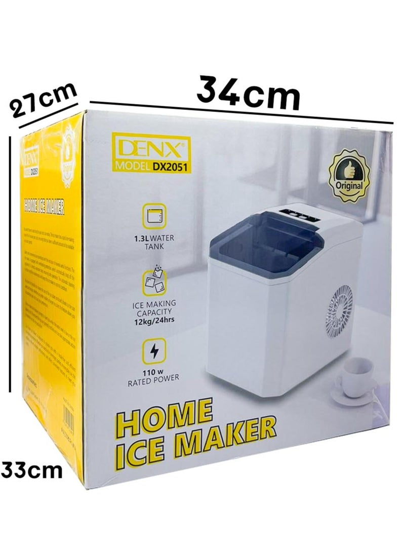 Enjoy fresh ice anytime! Denx DX2051 Ice Maker delivers up to 12kg/day with 9 cubes ready in just 10 minutes. Sleek design and 1.3L water tank.