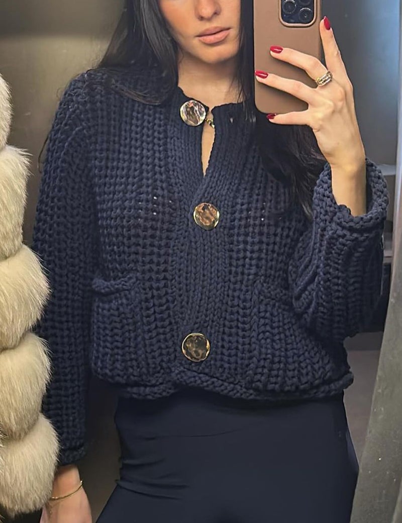 Arssm Womens Cropped Cardigan Sweaters Chunky Open Front Button Down Knit Sweater Long Sleeve Loose Cardigan Outerwear(Navy-M) - Image 5