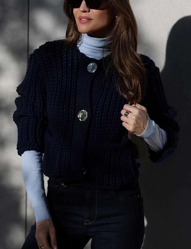 Arssm Womens Cropped Cardigan Sweaters Chunky Open Front Button Down Knit Sweater Long Sleeve Loose Cardigan Outerwear(Navy-M) - Image 3