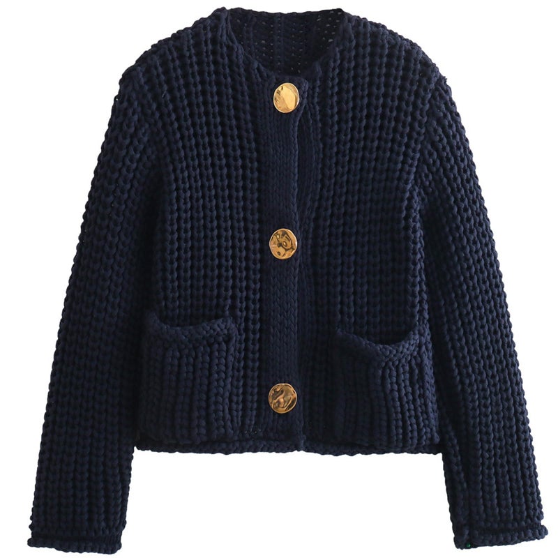 Arssm Womens Cropped Cardigan Sweaters Chunky Open Front Button Down Knit Sweater Long Sleeve Loose Cardigan Outerwear(Navy-M) - Image 1