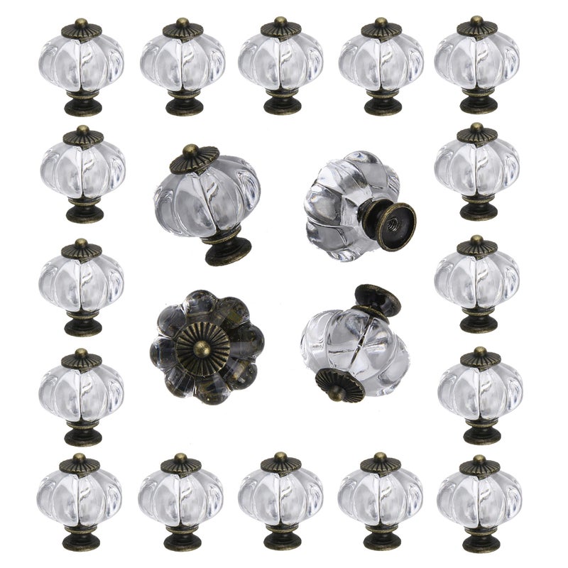 Perphin Acrylic Cabinet Knobs 20 Pack Clear Pumpkin Antique Dresser Pulls with 3 Sized Screws for Closet Kids Room Drawers Dresser Kitchen Furniture Vintage Handles Pulls Set of 20