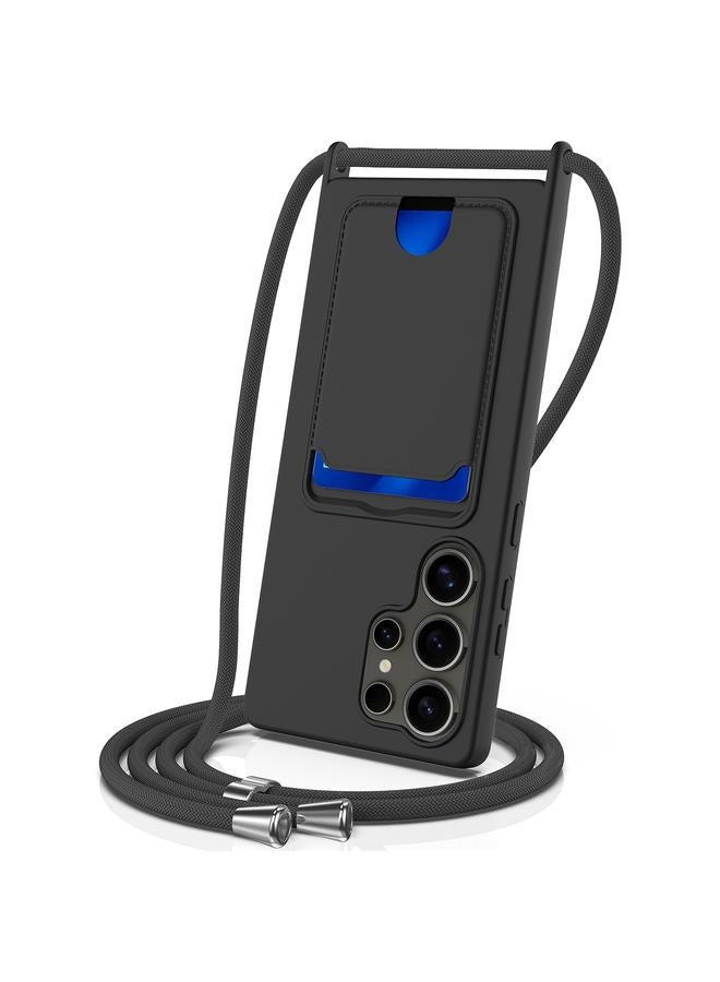 The Bros Case For Samsung Galaxy S25 Ultra 5G Integrated Card Bag Solid Color Liquid Silicone Phone Case with Lanyard