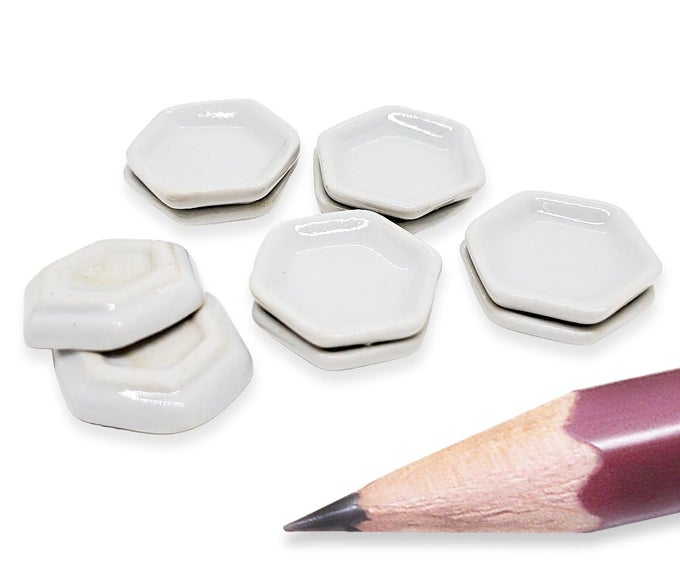 VERY TINY INCH DIAMETER WHITE HEXAGONAL CERAMIC PLATE 10 PIECES SET MINIATURE TABLEWARE TRAY BOWL CROCKERY CUTLERY KITCHENWARE HANDMADE MINI PORCELAIN DECORATIVE COLLECTIBLE GIFTS