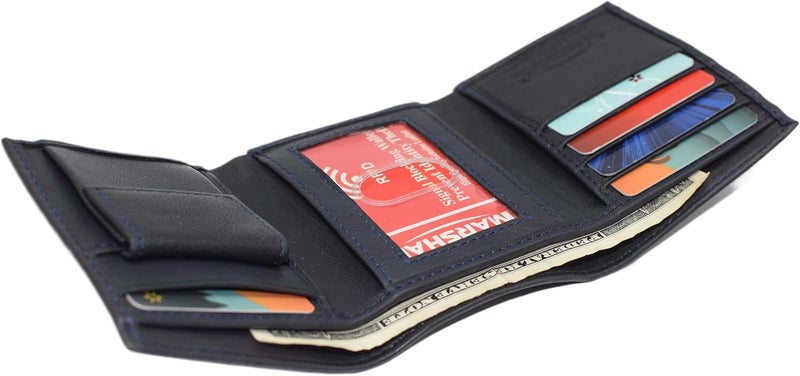 Marshal Genuine Leather Kids Slim Compact ID and Coin Pocket Trifold Boys Wallet Black (Navy Blue) - Image 4
