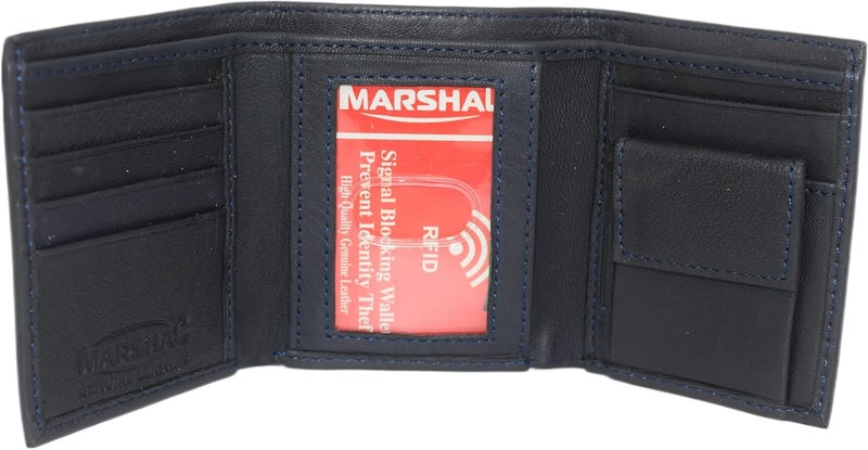 Marshal Genuine Leather Kids Slim Compact ID and Coin Pocket Trifold Boys Wallet Black (Navy Blue) - Image 1