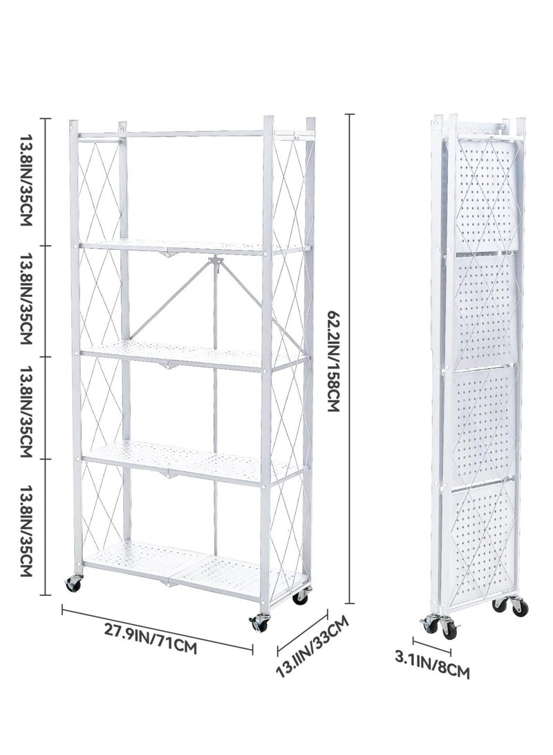 Iron Kitchen Storage Rack 5 Shelves， Foldable Storage Shelves With Wheels, Large Capacity Shelving Unit, Freestanding Metal Wire Shelf Rack, No Assembly Organizer Rack For Garage Kitchen, Basement, Pantry(White) - Image 4