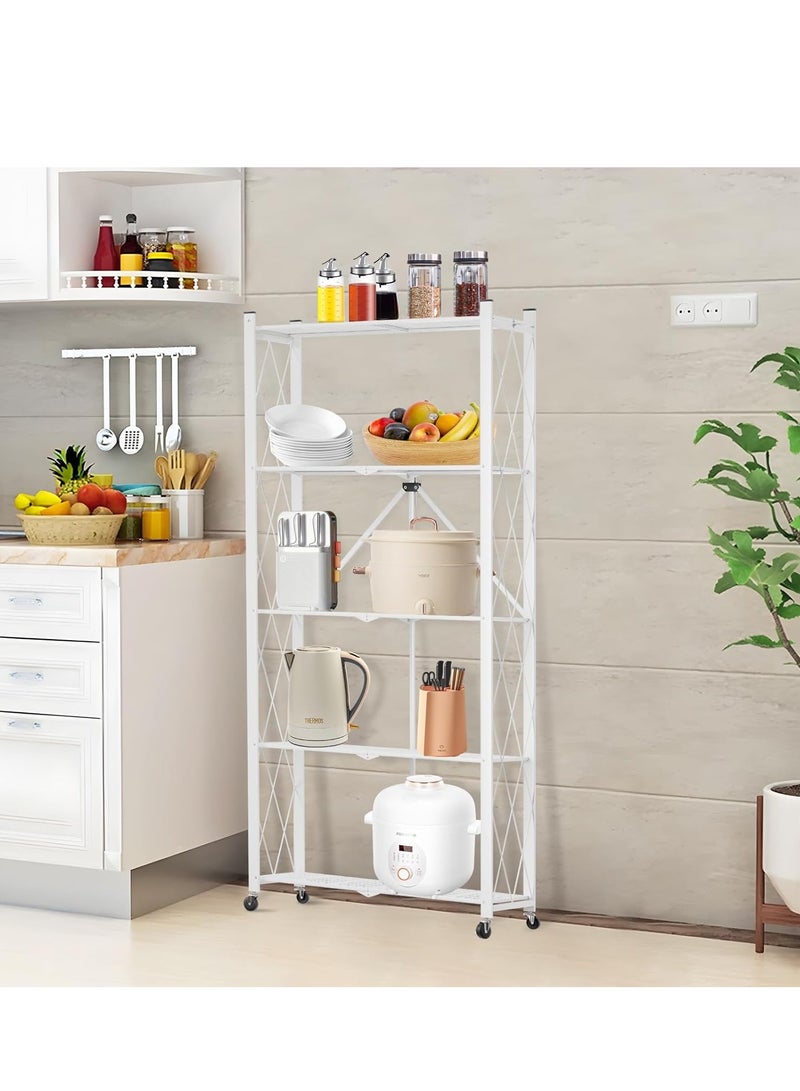 Iron Kitchen Storage Rack 5 Shelves， Foldable Storage Shelves With Wheels, Large Capacity Shelving Unit, Freestanding Metal Wire Shelf Rack, No Assembly Organizer Rack For Garage Kitchen, Basement, Pantry(White) - Image 3