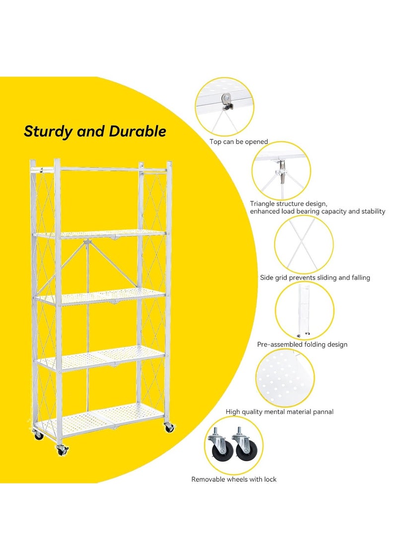 Iron Kitchen Storage Rack 5 Shelves， Foldable Storage Shelves With Wheels, Large Capacity Shelving Unit, Freestanding Metal Wire Shelf Rack, No Assembly Organizer Rack For Garage Kitchen, Basement, Pantry(White) - Image 5