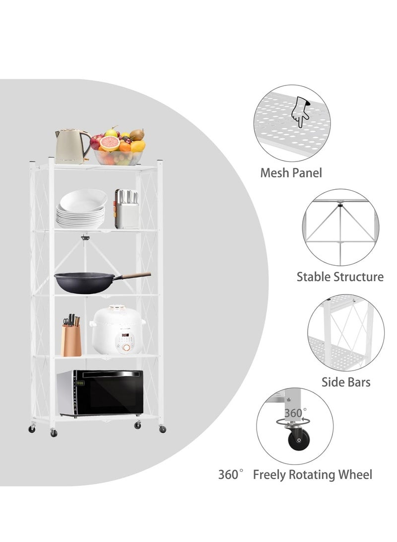 Iron Kitchen Storage Rack 5 Shelves， Foldable Storage Shelves With Wheels, Large Capacity Shelving Unit, Freestanding Metal Wire Shelf Rack, No Assembly Organizer Rack For Garage Kitchen, Basement, Pantry(White) - Image 2
