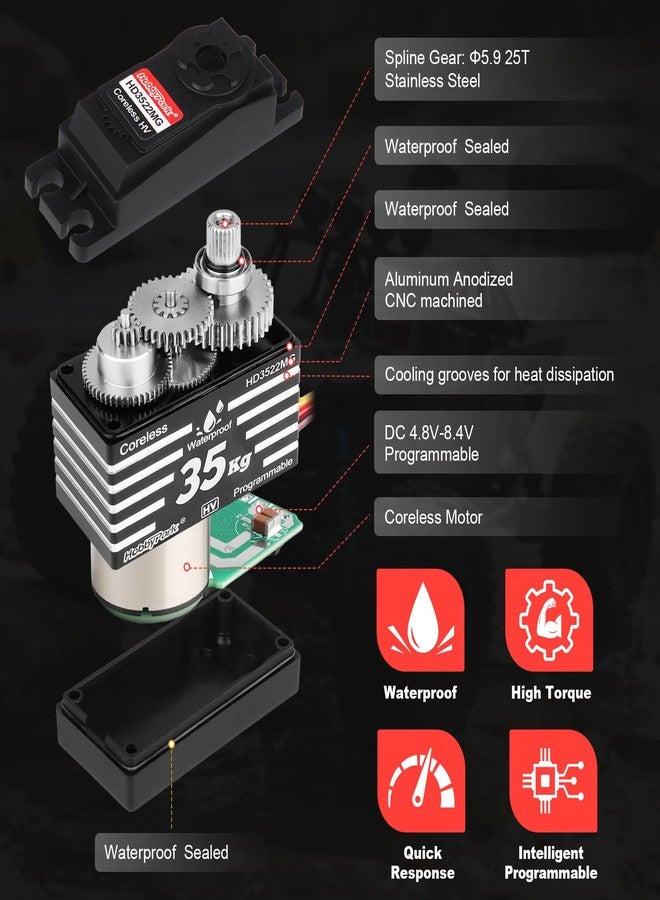 HobbyPark Waterproof 35KG High Torque Servo Motor Coreless Metal Gears Digital RC Steering Servo and 25T Servo Horn for 1/8 1/10 1/12 RC Crawler RC Trucks RC Cars Robots DIY 180° HV Fast, Powerful - Image 3