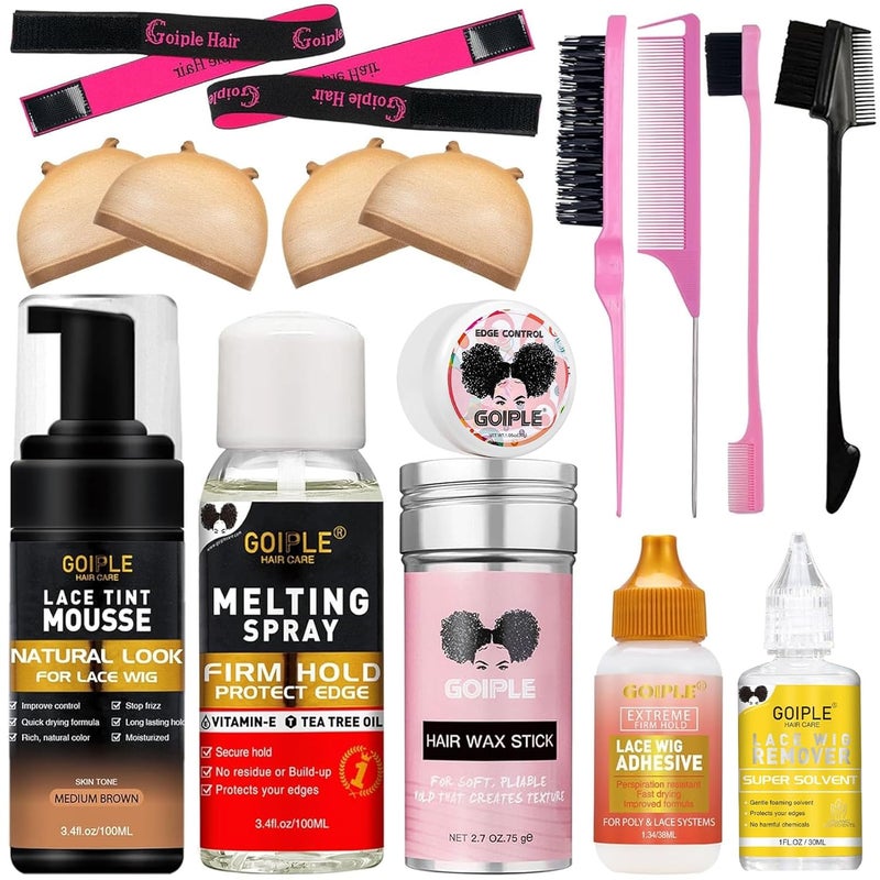 Goiple Lace Tint Lace Melting Hair Mousse for Womens Wigs and Hairpieces  Natural Finishing Tint Spray Tool Set Medium Brown