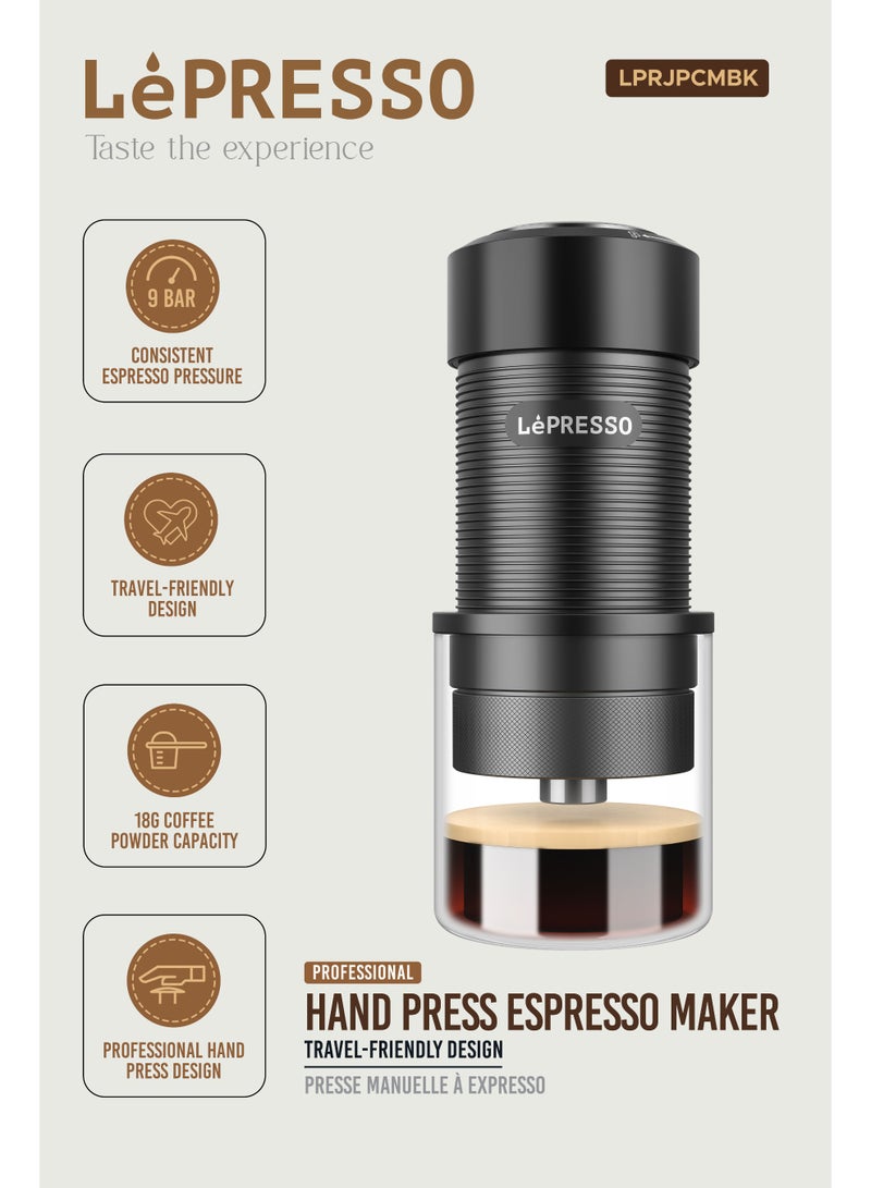 ليبرسو ماكينة صنع قهوة إسبريسو احترافية بالضغط اليدوي مع فلتر قهوة بحجم قياسي وتصميم مناسب للسفر / سعة خزان مياه 80 مل / ضغط إسبريسو ثابت / مادة الفولاذ المقاوم للصدأ - أسود - Image 2