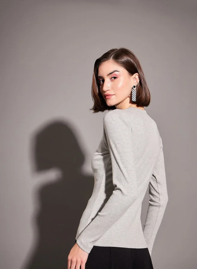 SASSAFRAS Grey Long Sleeves Fitted Top for Women