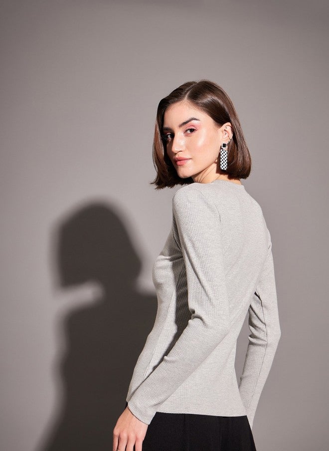 ساسافراس بلوزة نسائية رمادية بأكمام طويلة ضيقة - Image 4